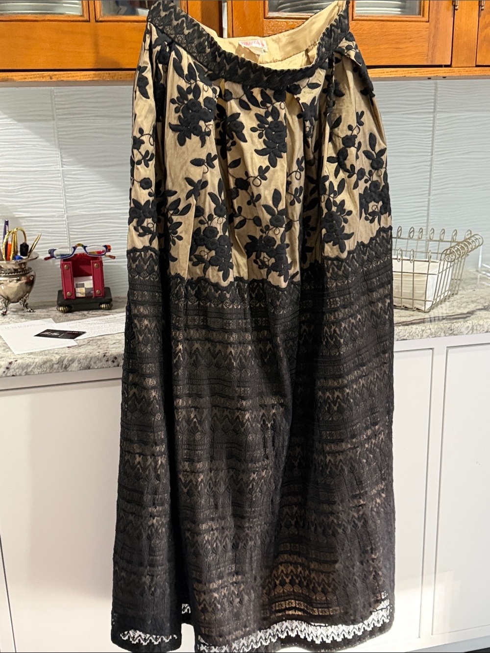 Anthropologie Black and Tan Floral Lace Maxi Skirt